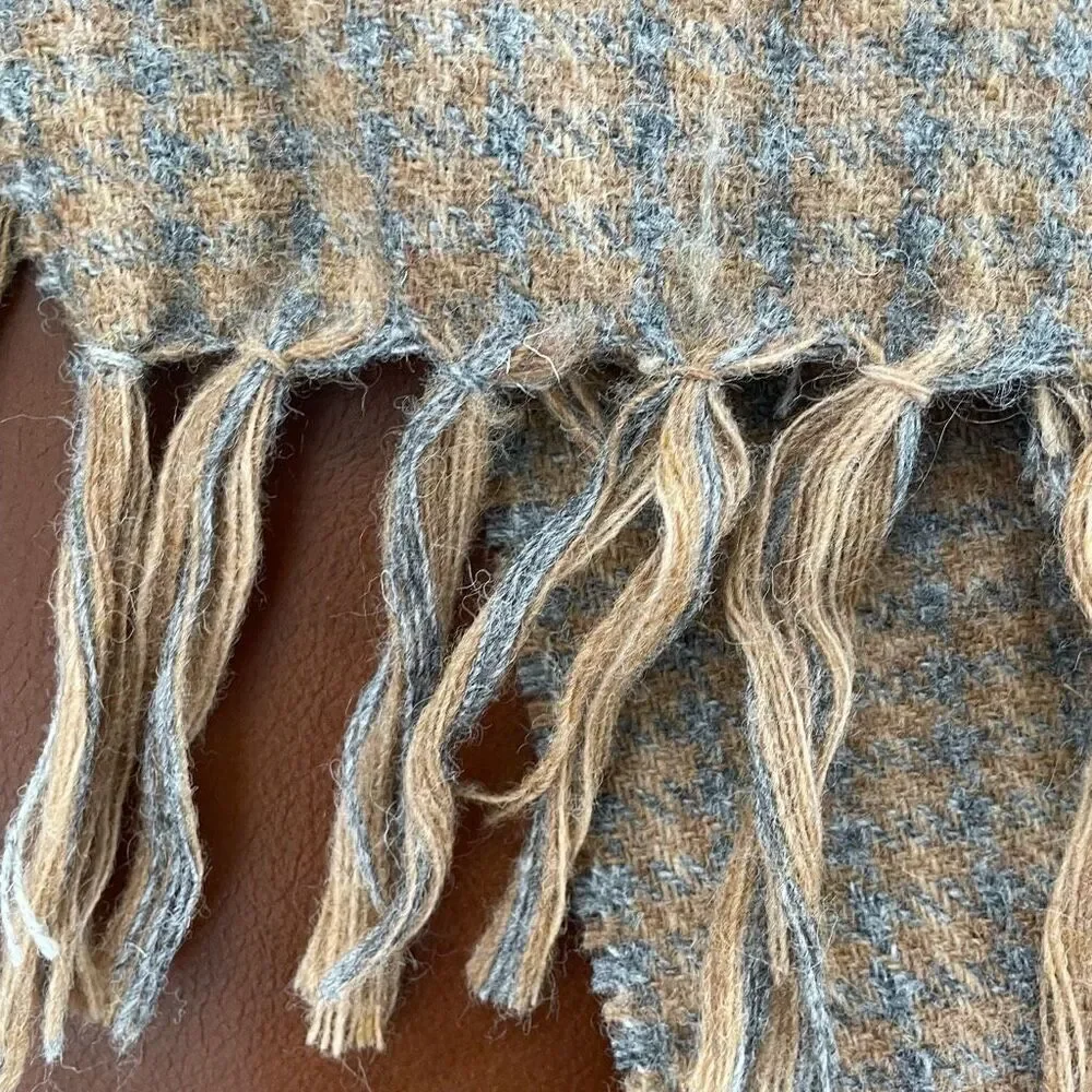 Yves Saint Laurent Saks Fifth Avenue Camel Tan Grey Neutral Plaid Scarf Shetland